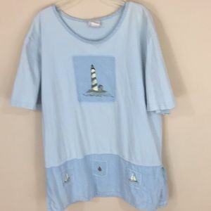 Vintage Donna Blue Lighthouse Sail Boats Top Tunic Size Large Made in USA